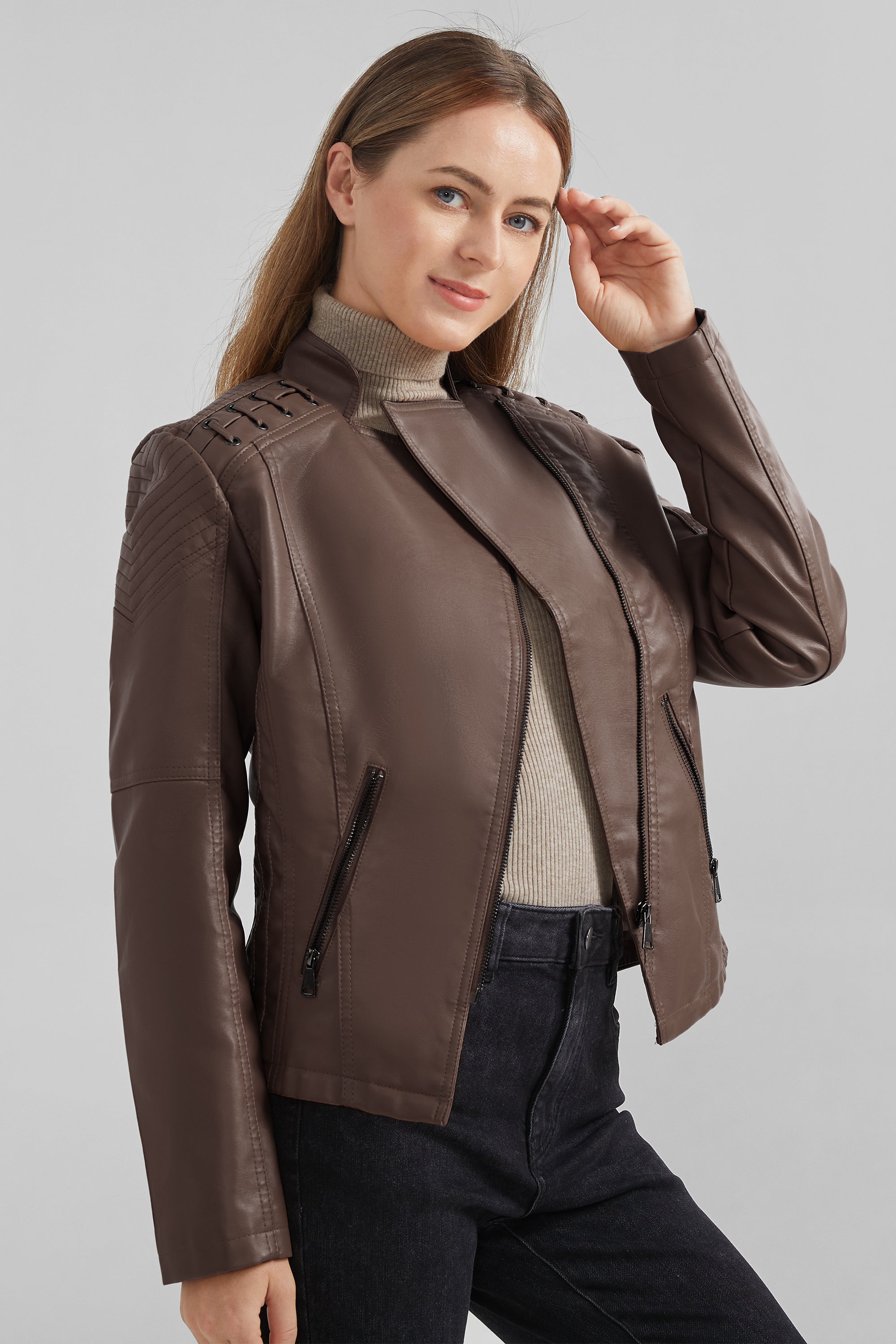 Cropped Slim Fit Faux Leather Jacket