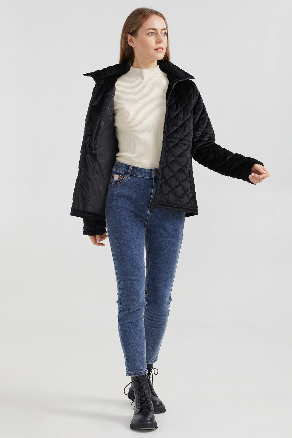 Diamond Quilted Drawstring Waist Winter Coat