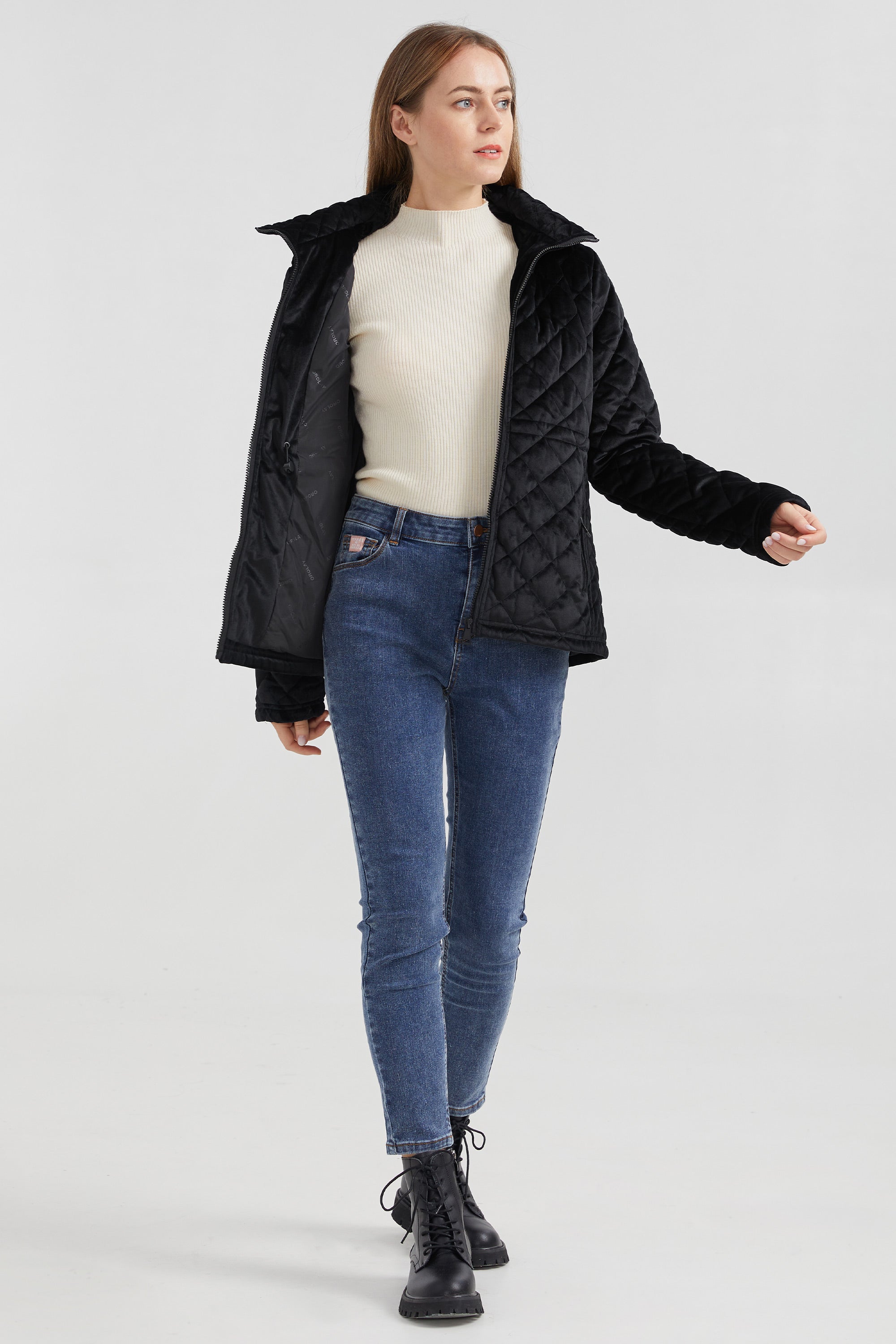 Diamond Quilted Drawstring Waist Winter Coat