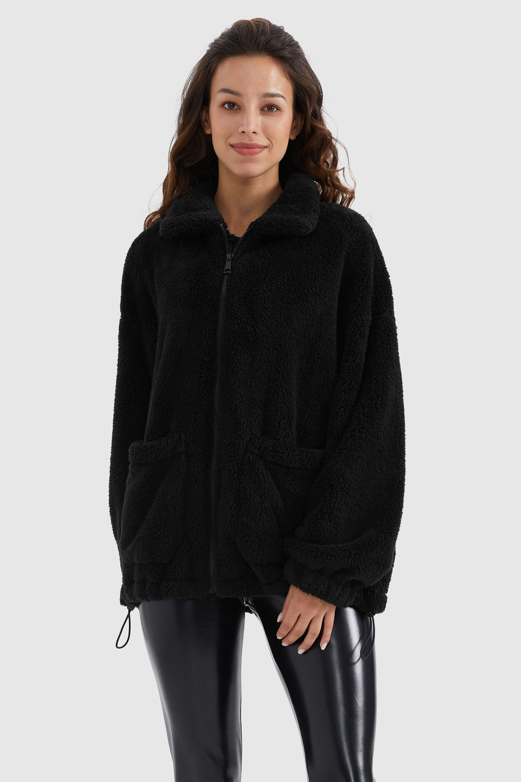 Drawstring Hem Fleece Zip-Up