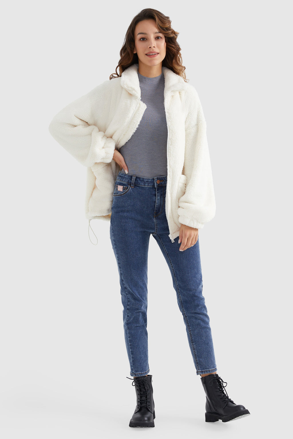Drawstring Hem Fleece Zip-Up