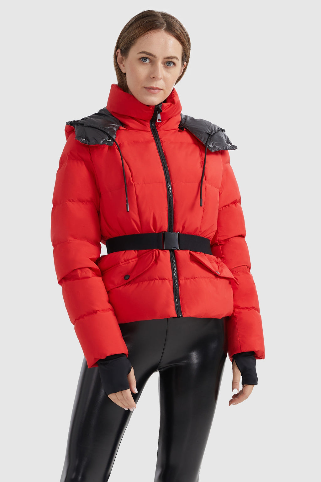 Drawstring Hooded Down Jacket with Detachable belt