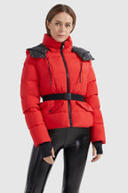 Drawstring Hooded Down Jacket with Detachable belt