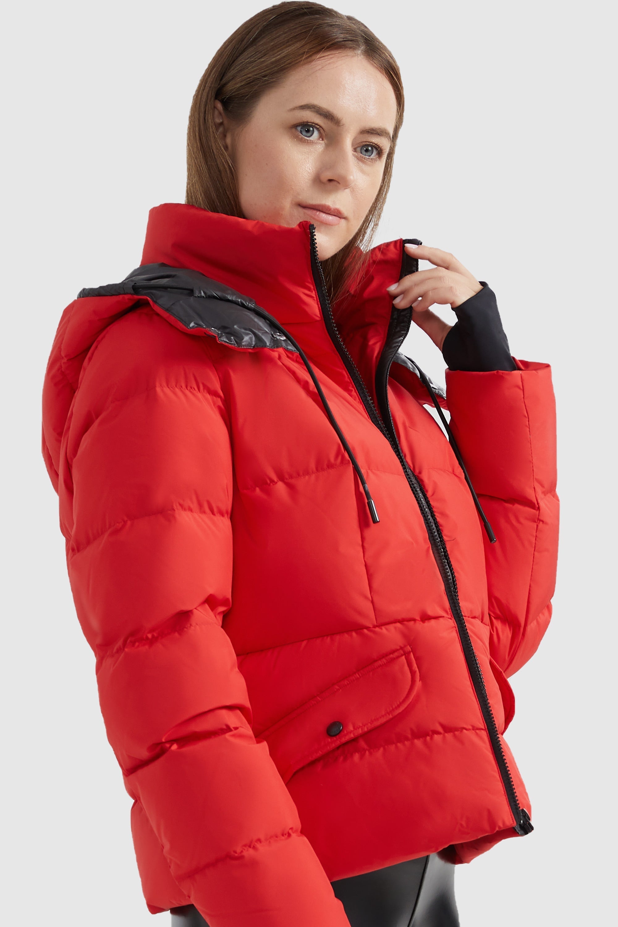 Drawstring Hooded Down Jacket with Detachable belt