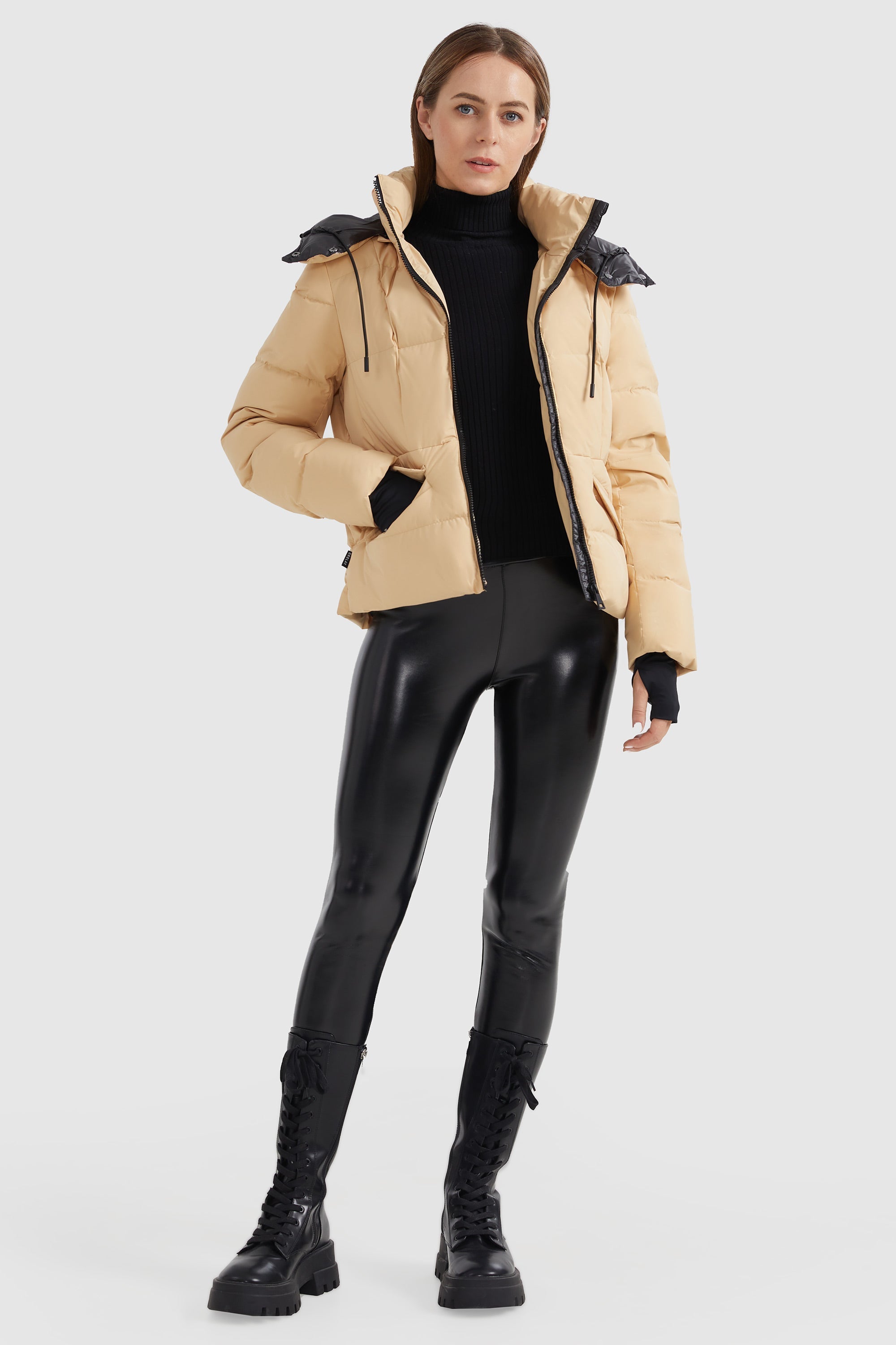 Drawstring Hooded Down Jacket with Detachable belt