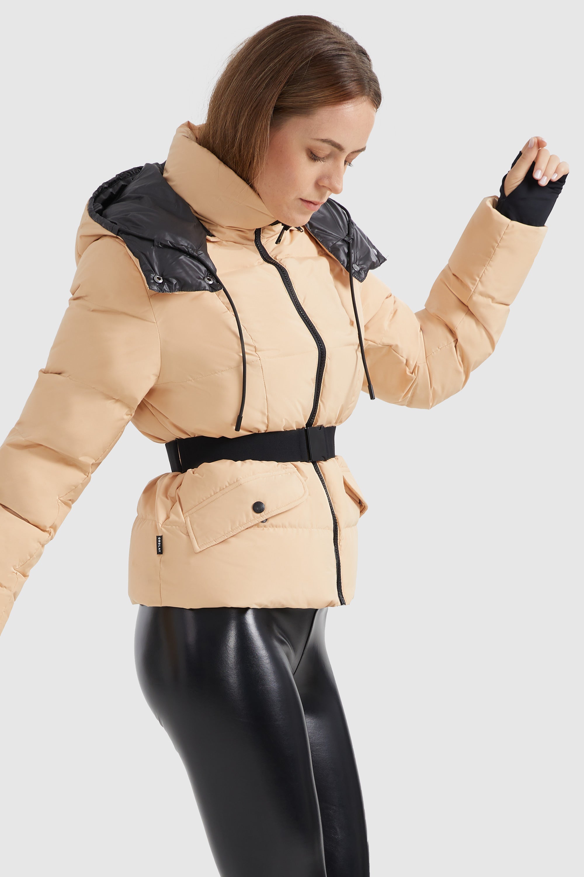 Drawstring Hooded Down Jacket with Detachable belt