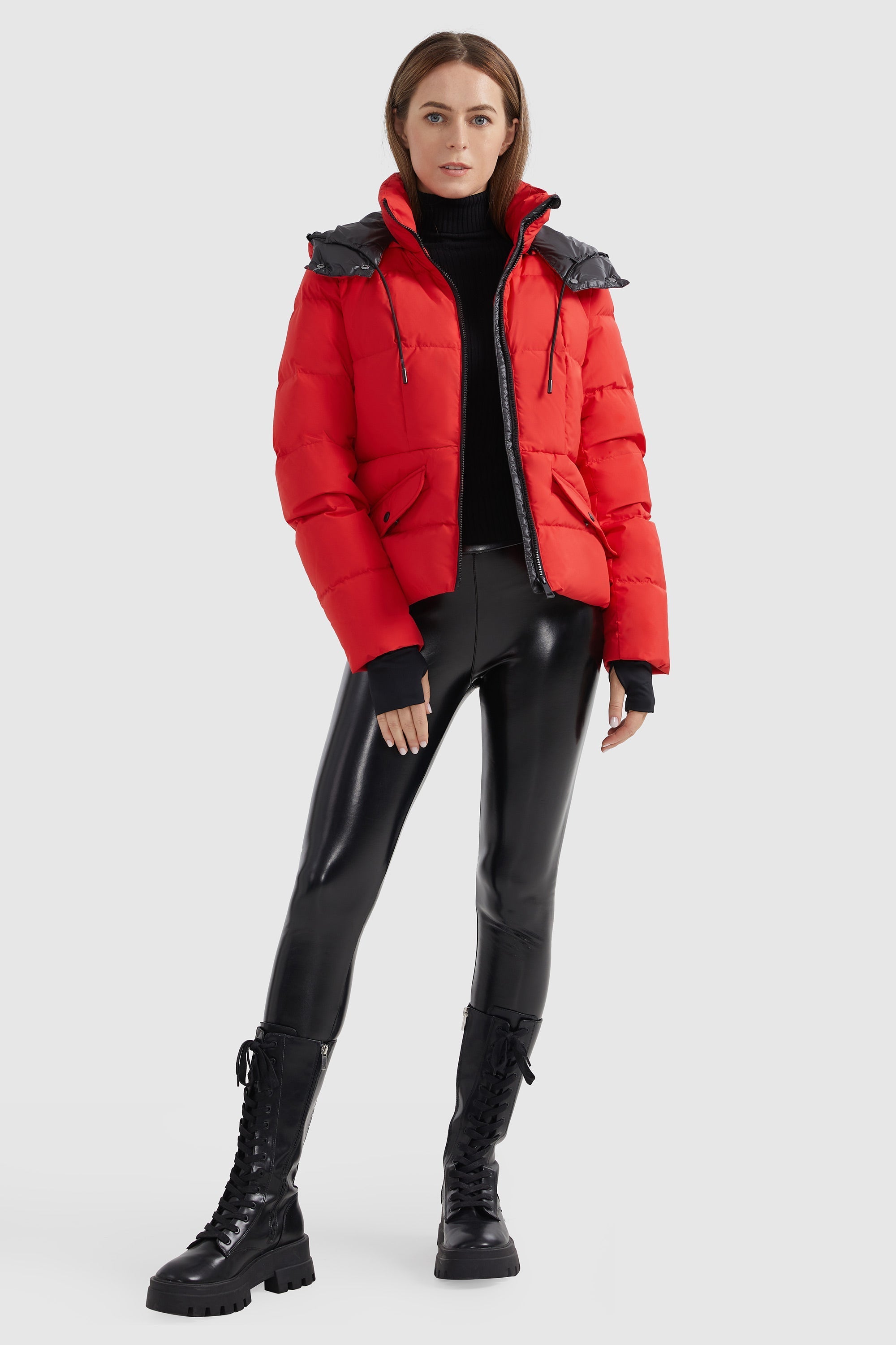 Drawstring Hooded Down Jacket with Detachable belt
