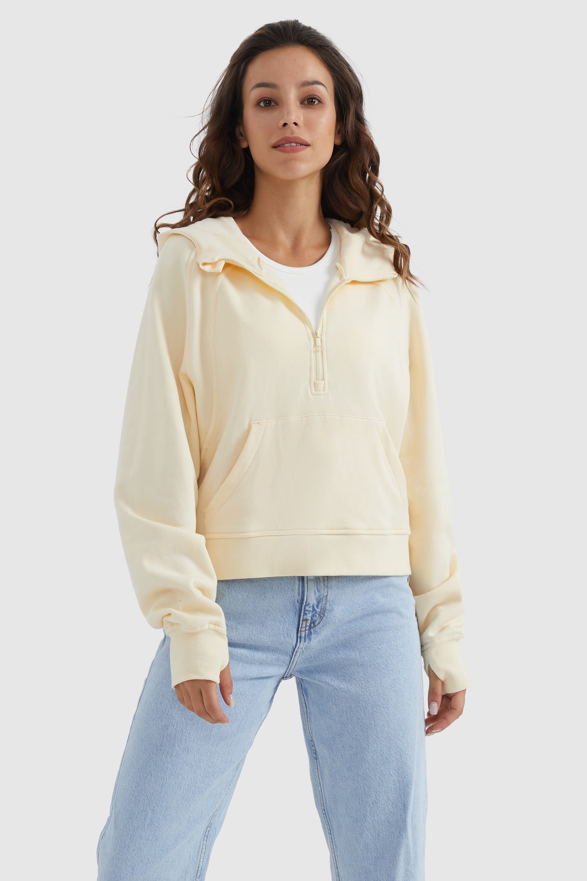Half-Zip Kangaroo Pocket Cropped Sweatshirt