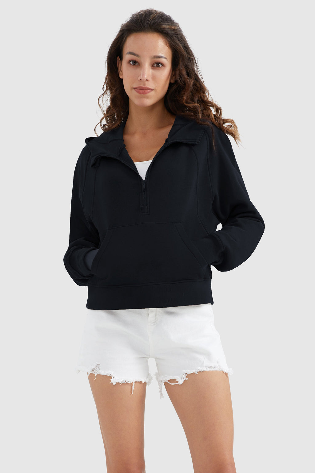 Half-Zip Kangaroo Pocket Cropped Sweatshirt