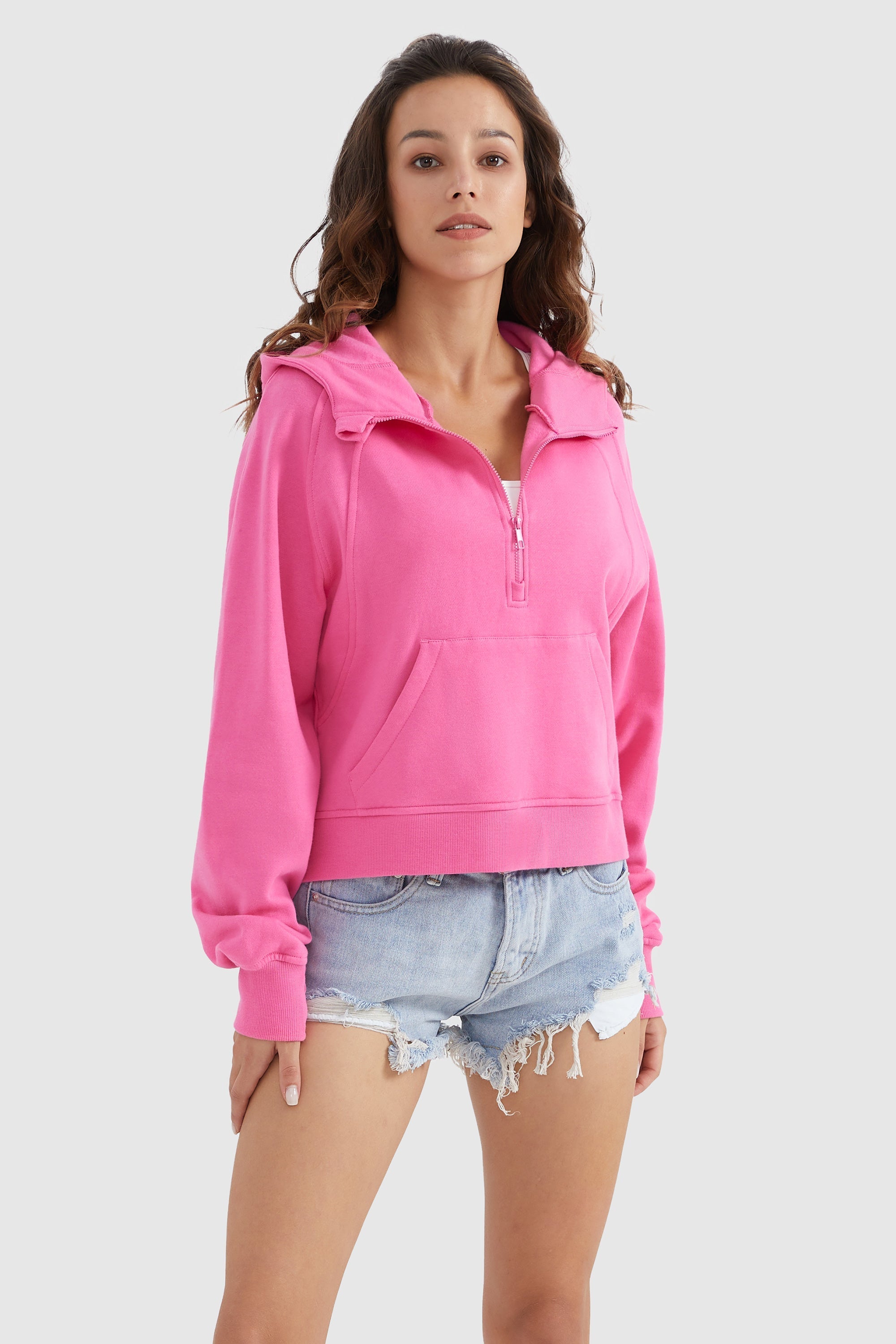 Half-Zip Kangaroo Pocket Cropped Sweatshirt