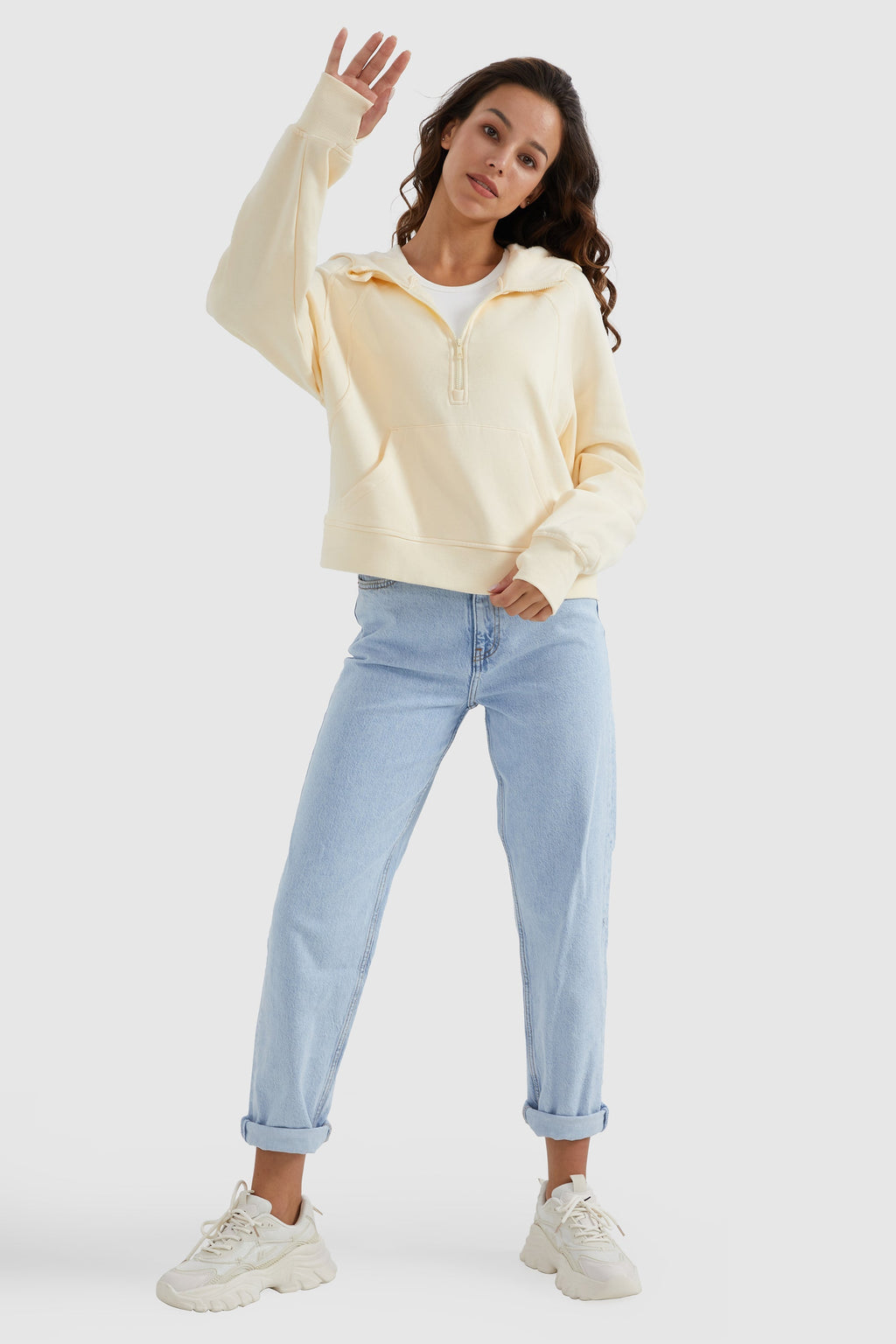 Half-Zip Kangaroo Pocket Cropped Sweatshirt