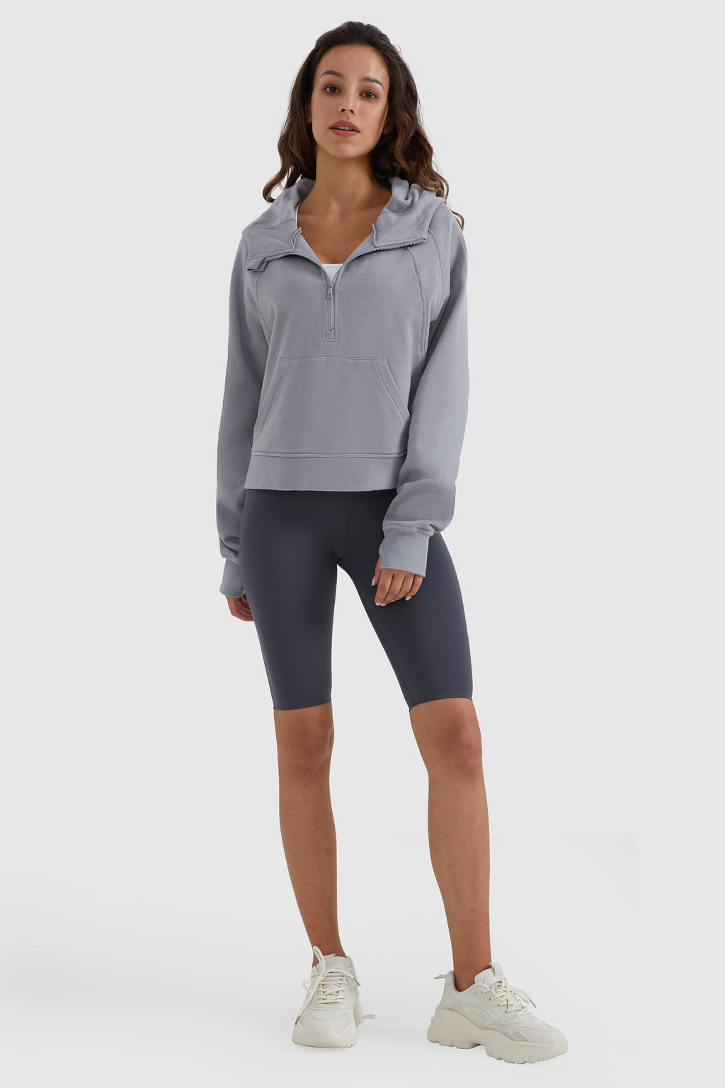Half-Zip Kangaroo Pocket Cropped Sweatshirt