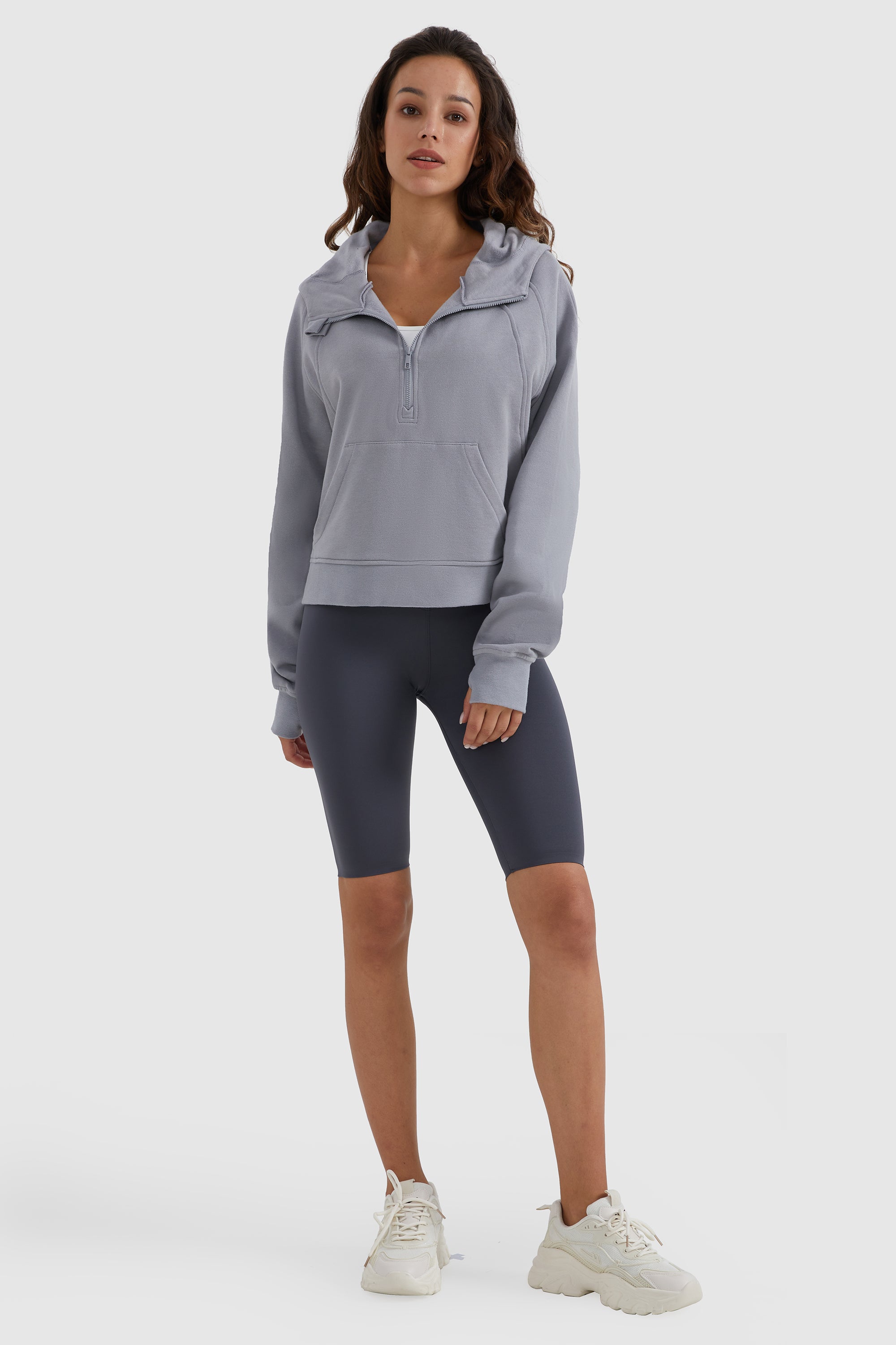 Half-Zip Kangaroo Pocket Cropped Sweatshirt
