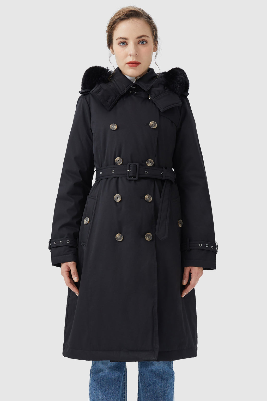 Hooded Trench Down Coat with Detachable Fur