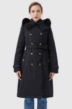 Hooded Trench Down Coat with Detachable Fur