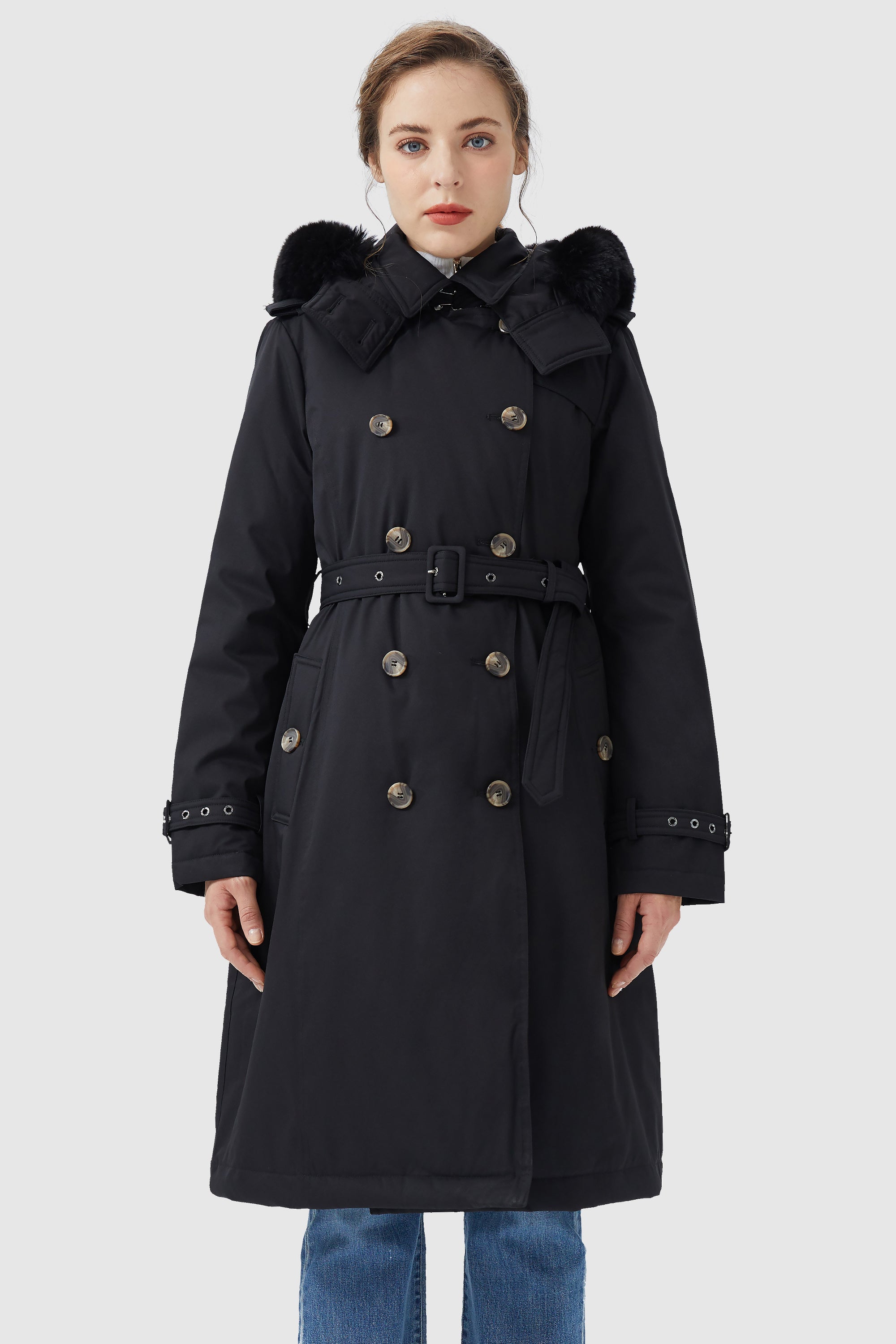 Hooded Trench Down Coat with Detachable Fur