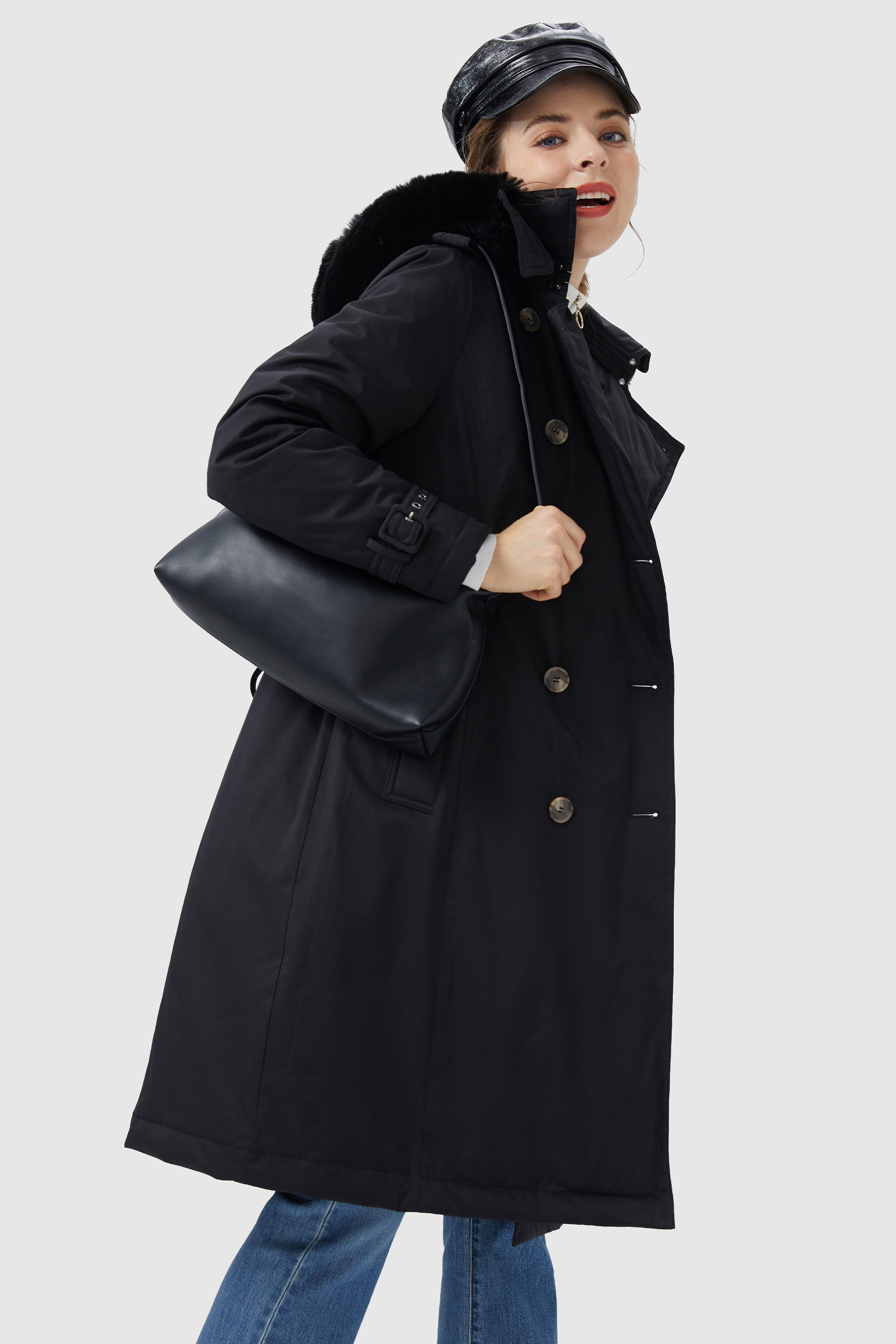 Hooded Trench Down Coat with Detachable Fur
