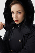 Hooded Trench Down Coat with Detachable Fur