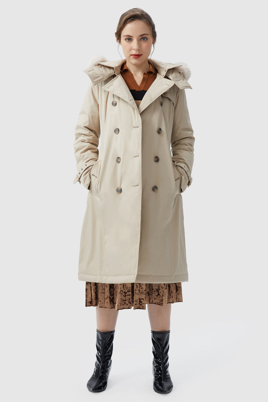 Hooded Trench Down Coat with Detachable Fur