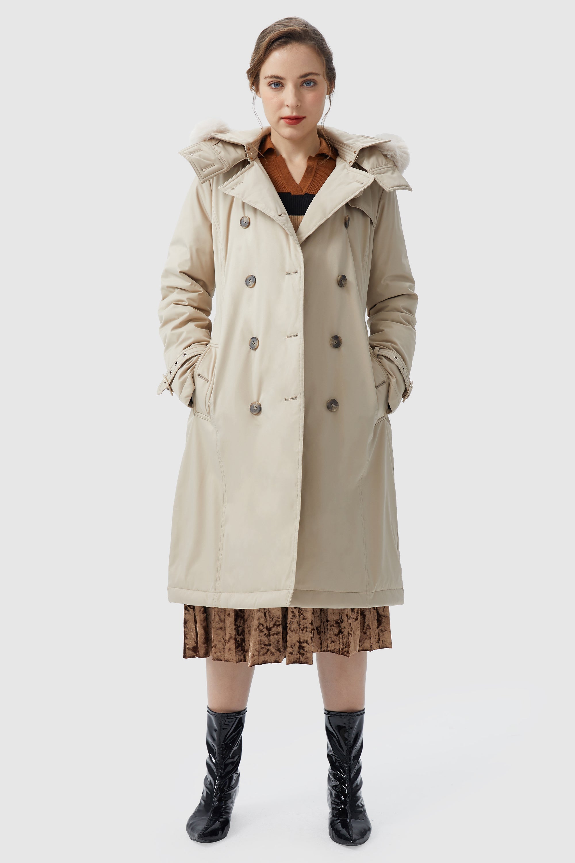Hooded Trench Down Coat with Detachable Fur