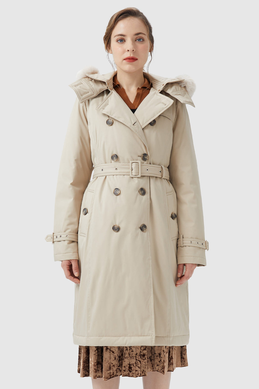Hooded Trench Down Coat with Detachable Fur
