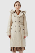 Hooded Trench Down Coat with Detachable Fur