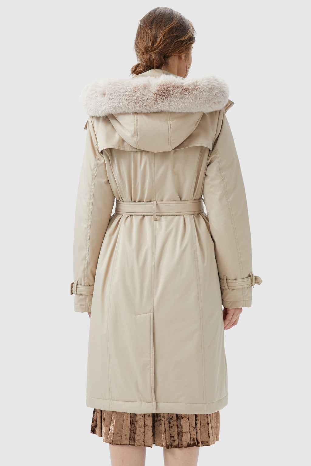 Hooded Trench Down Coat with Detachable Fur