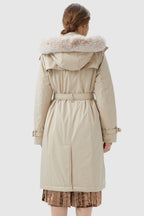 Hooded Trench Down Coat with Detachable Fur