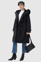 Hooded Trench Down Coat with Detachable Fur