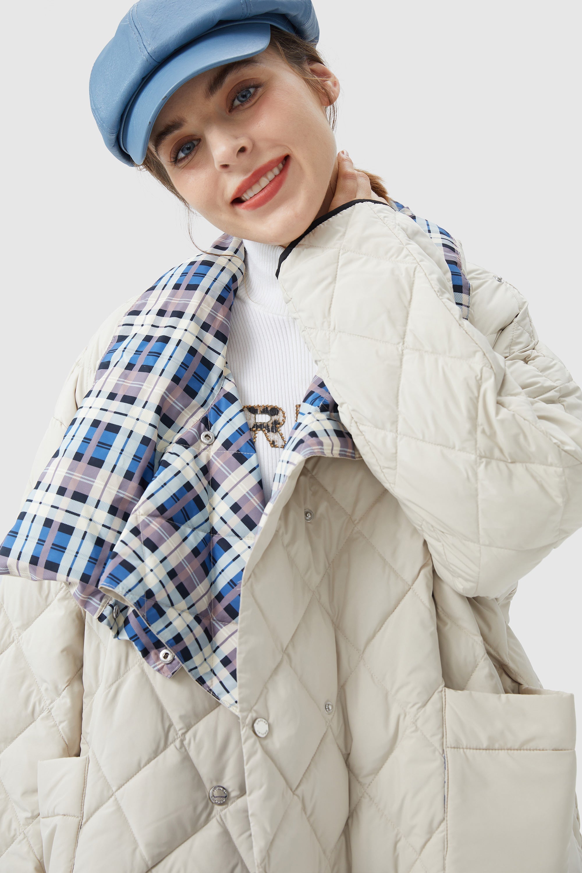 Lightweight Plaid Down Coat