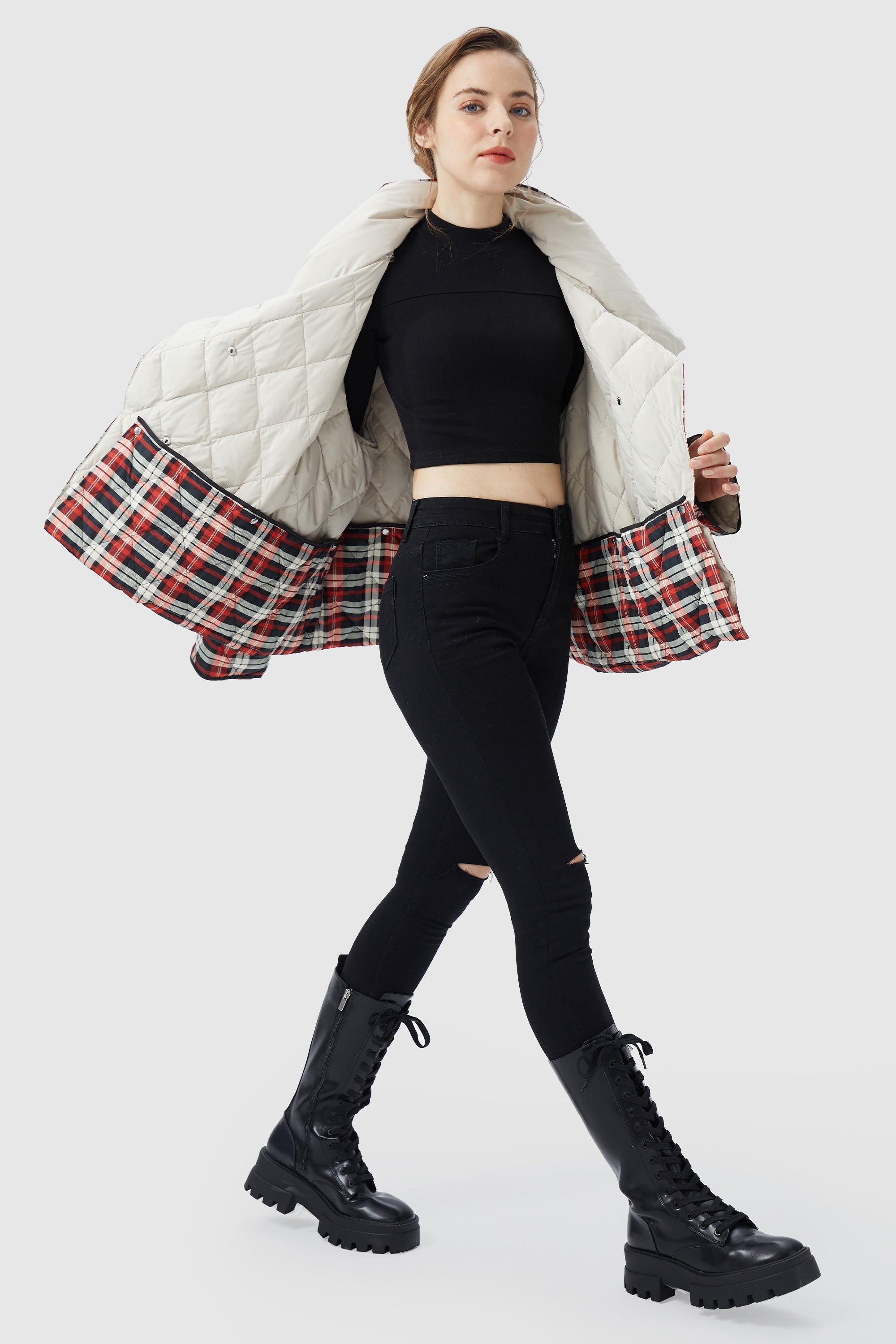 Lightweight Plaid Down Coat