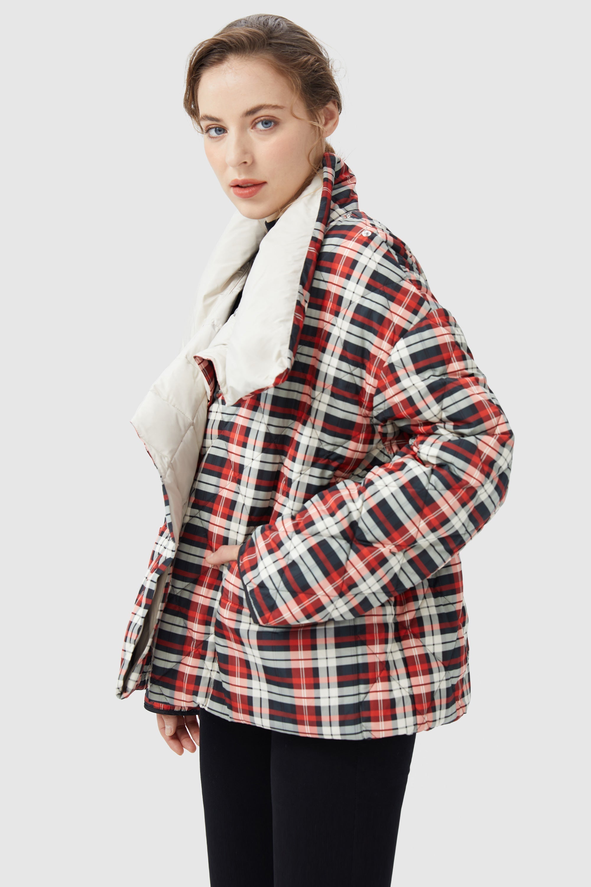 Lightweight Plaid Down Coat