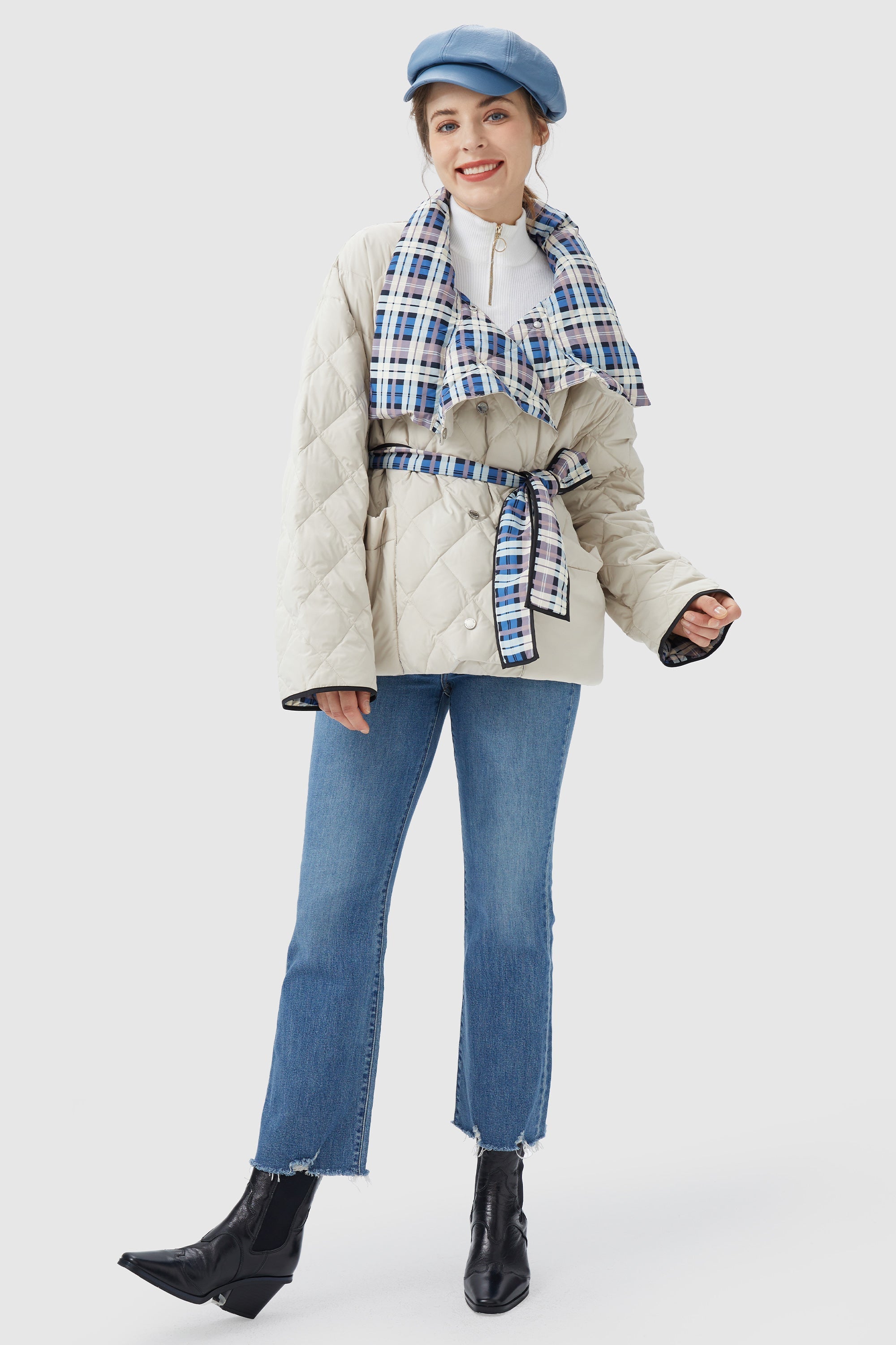 Lightweight Plaid Down Coat