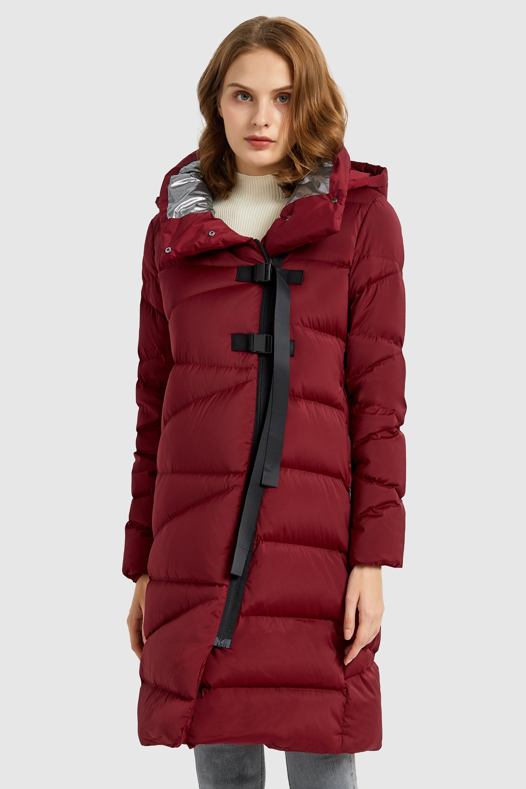 Long Hooded Asymmetric Down Puffer Jacket