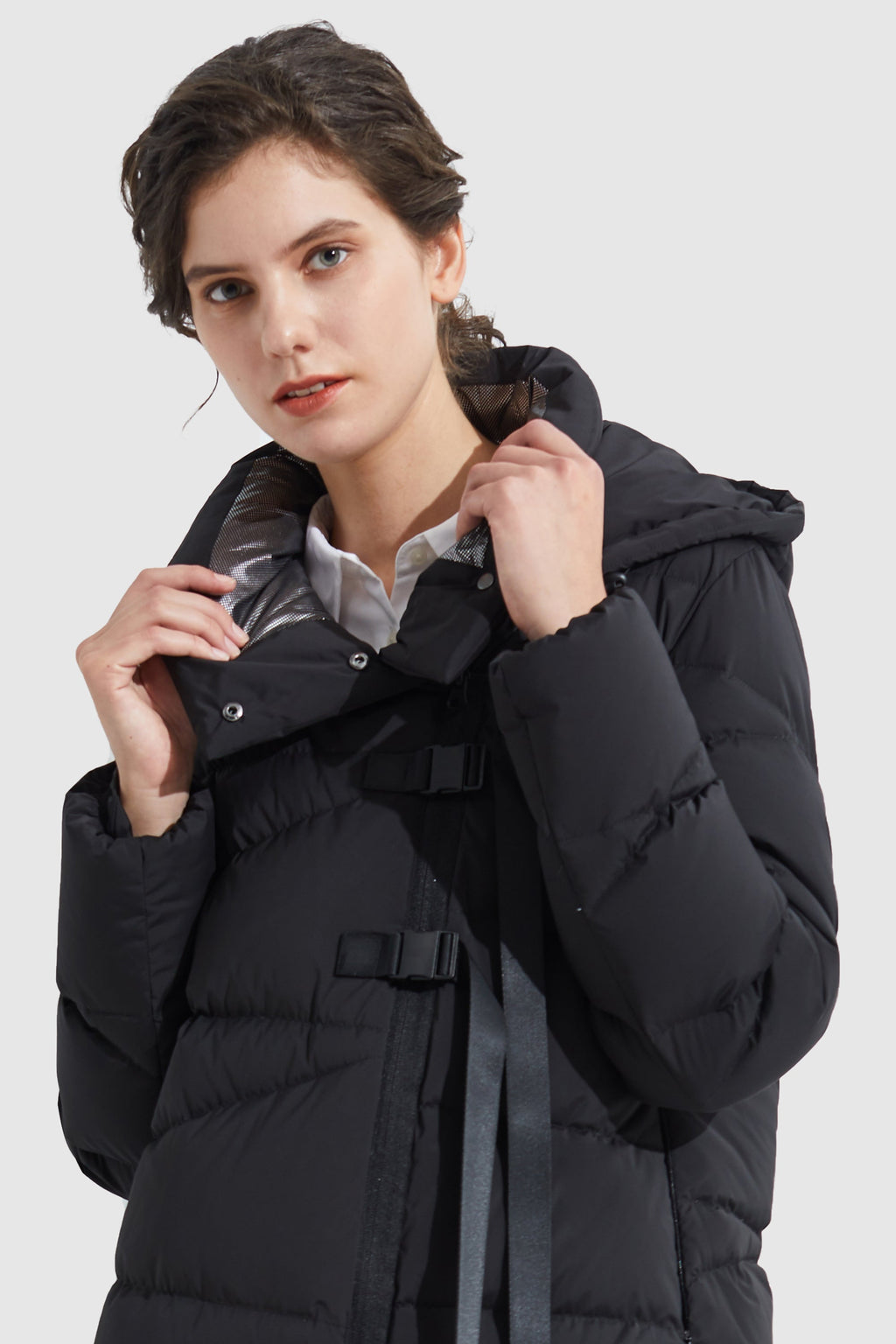 Long Hooded Asymmetric Down Puffer Jacket