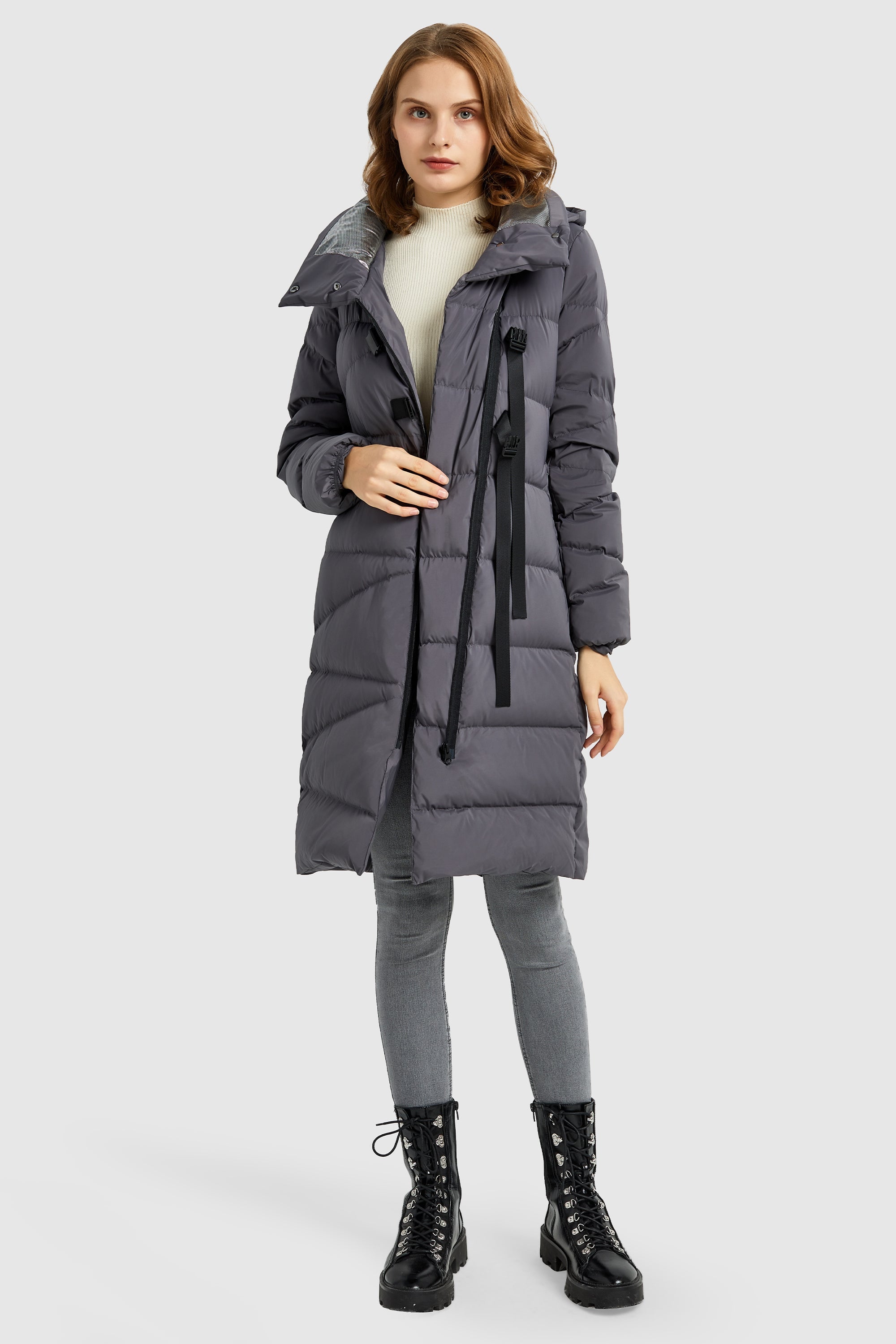 Long Hooded Asymmetric Down Puffer Jacket