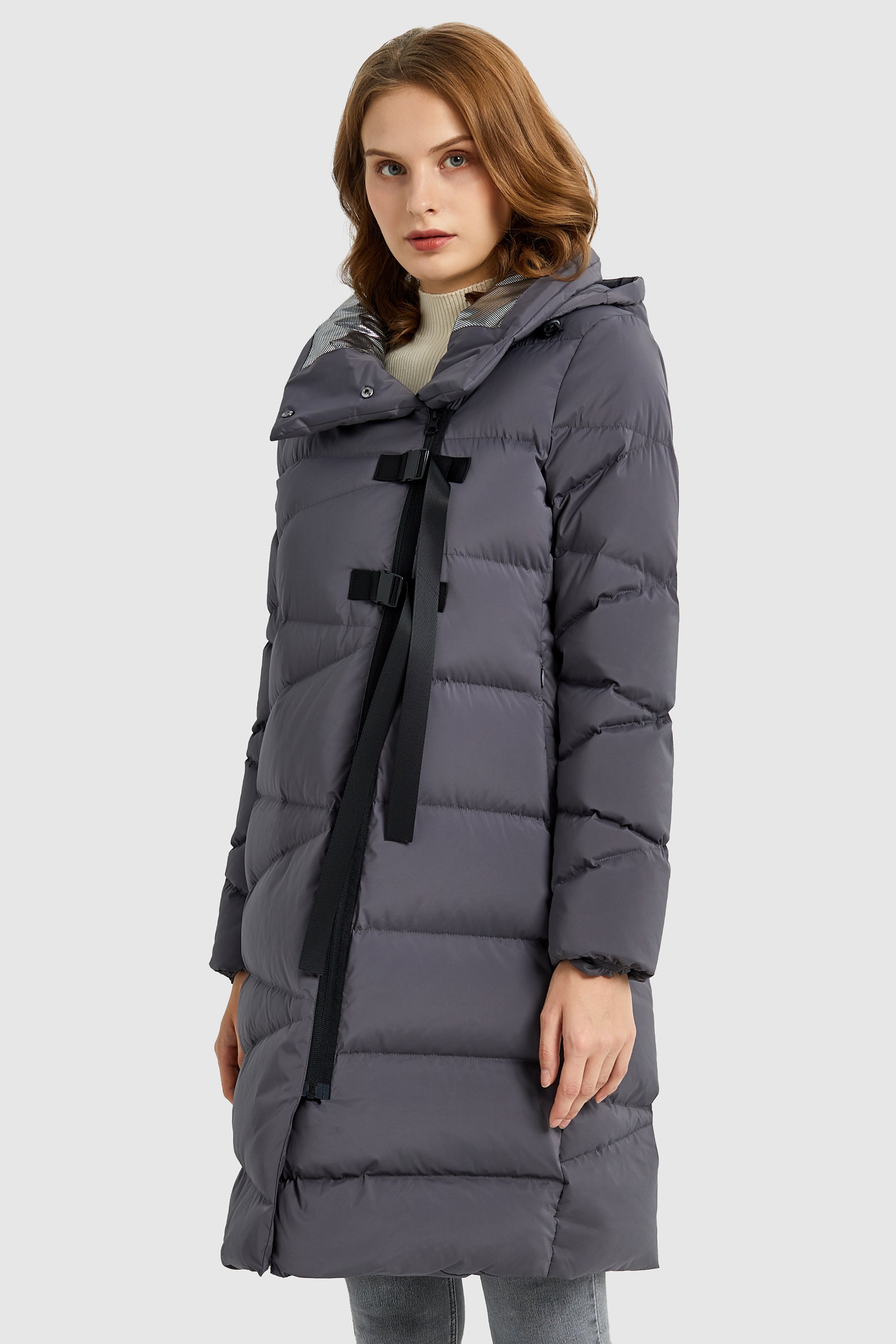 Long Hooded Asymmetric Down Puffer Jacket