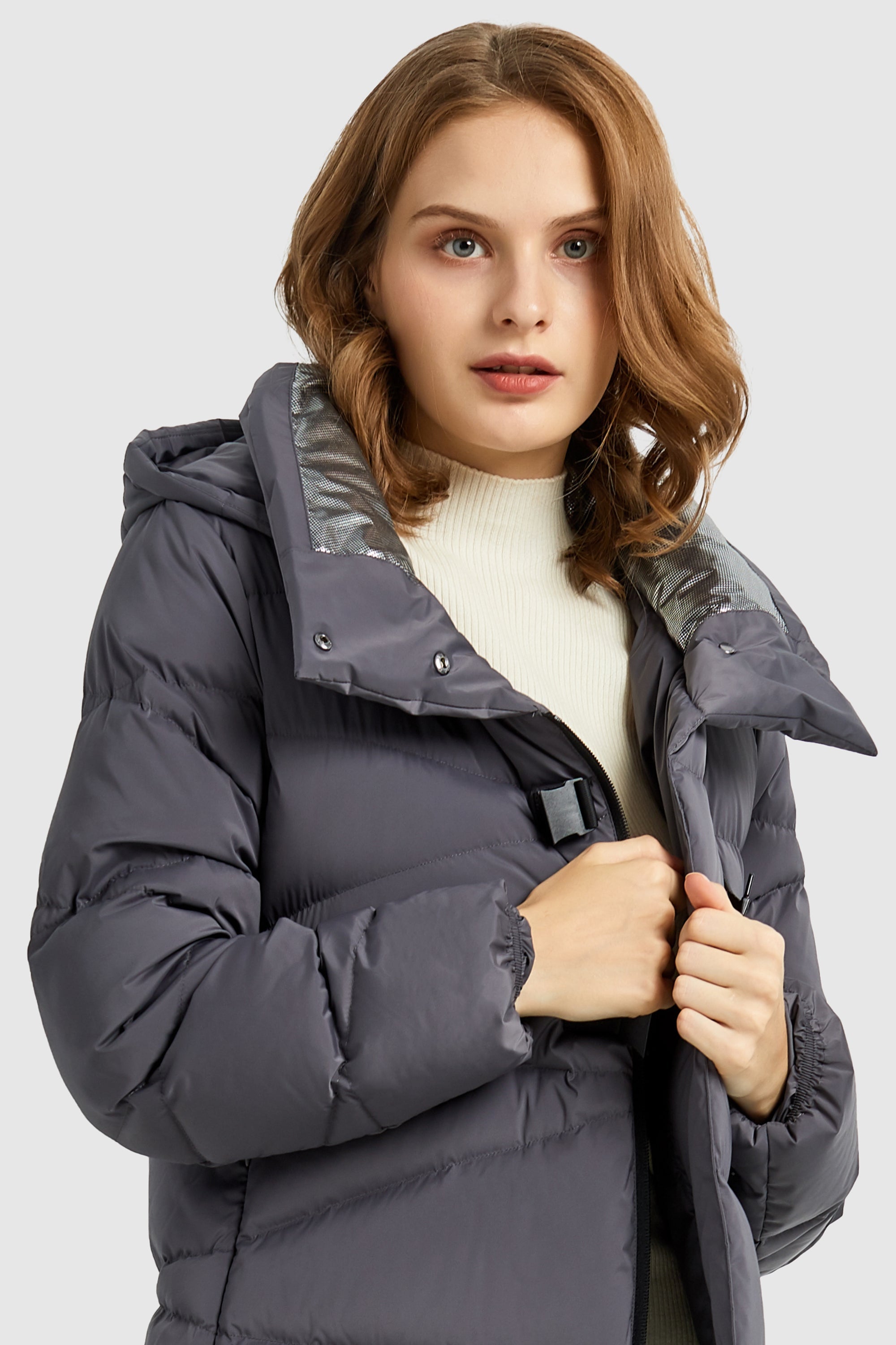 Long Hooded Asymmetric Down Puffer Jacket