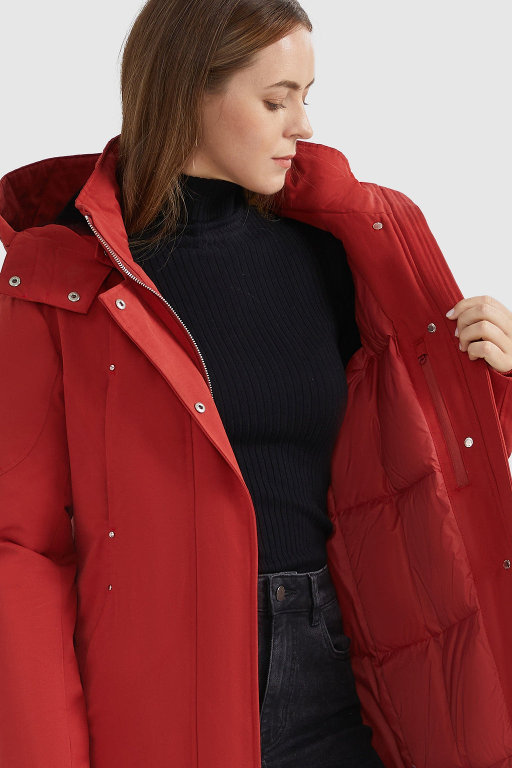 Mid-length Hooded Down Coat with Stand Collar