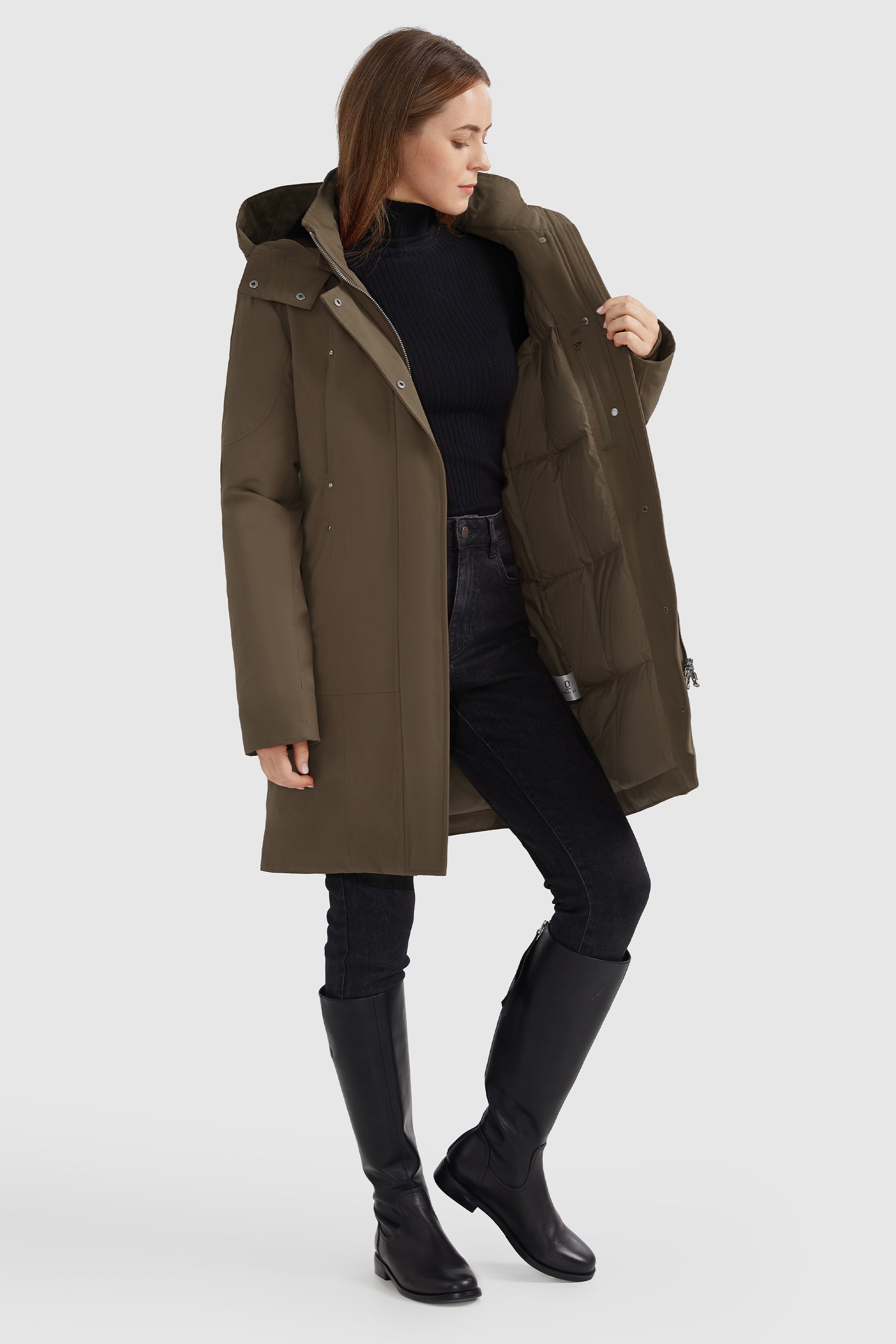 Mid-length Hooded Down Coat with Stand Collar