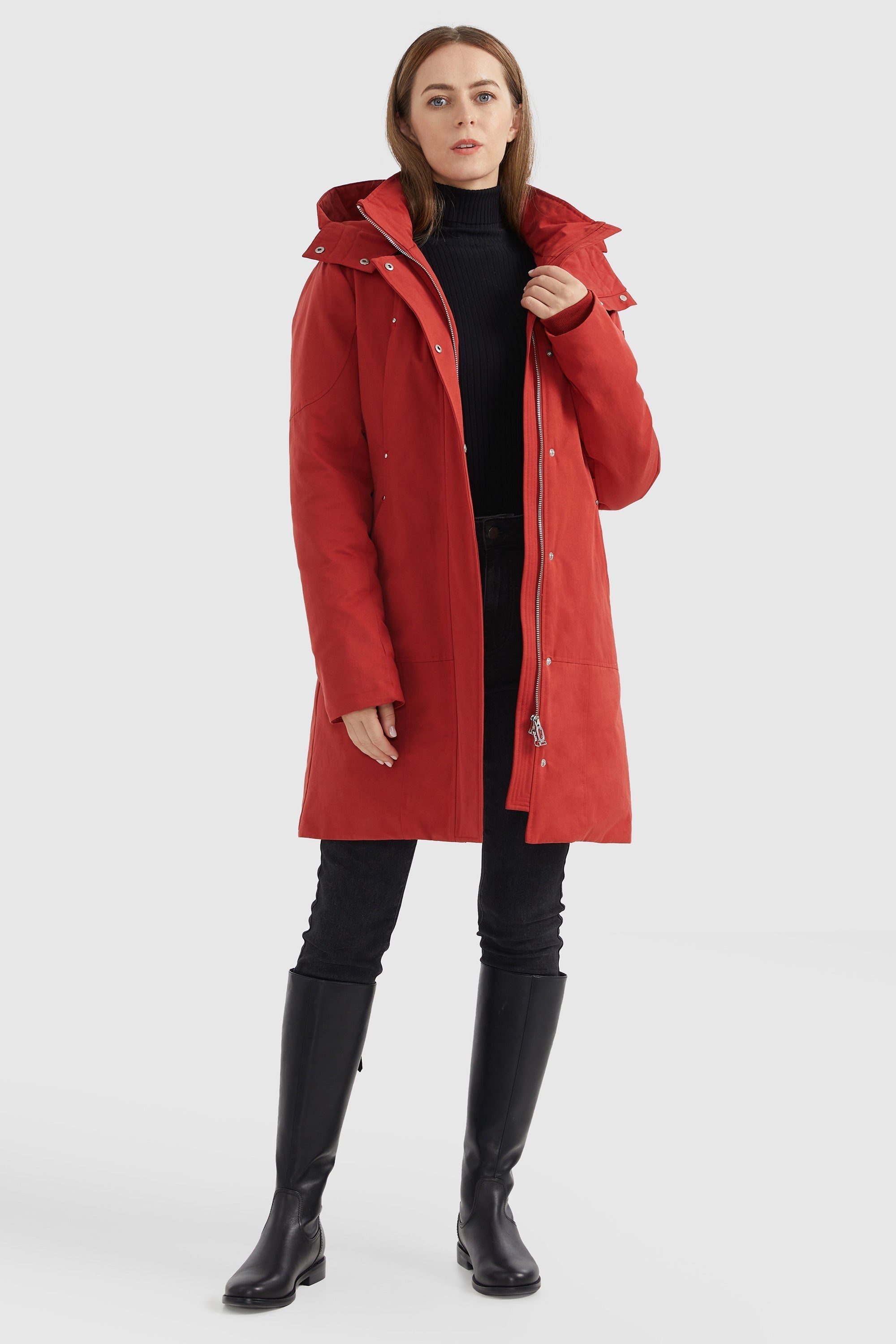 Mid-length Hooded Down Coat with Stand Collar