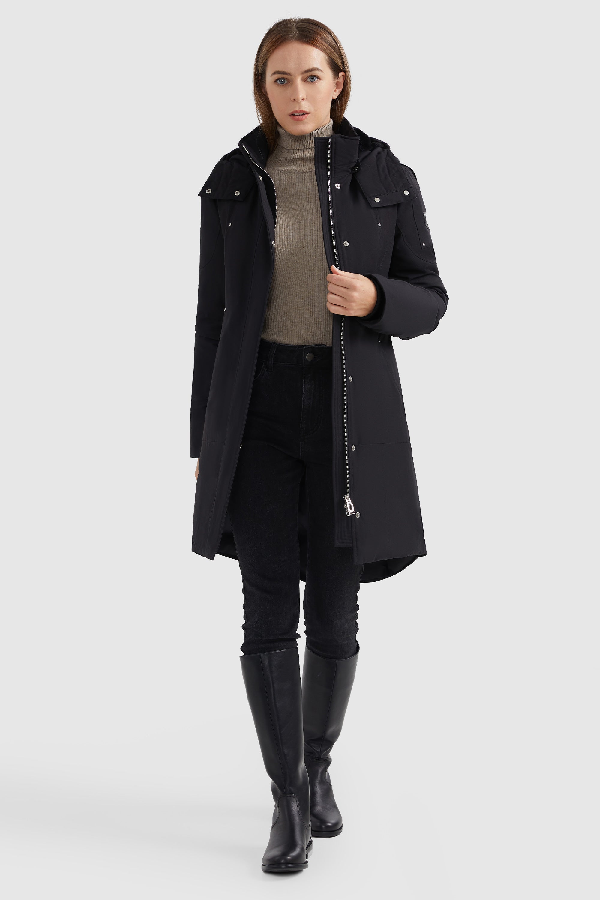 Mid-length Hooded Down Coat with Stand Collar