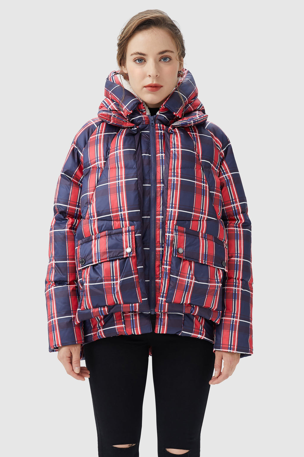 Multi-Pockets Plaid Puffer Jacket