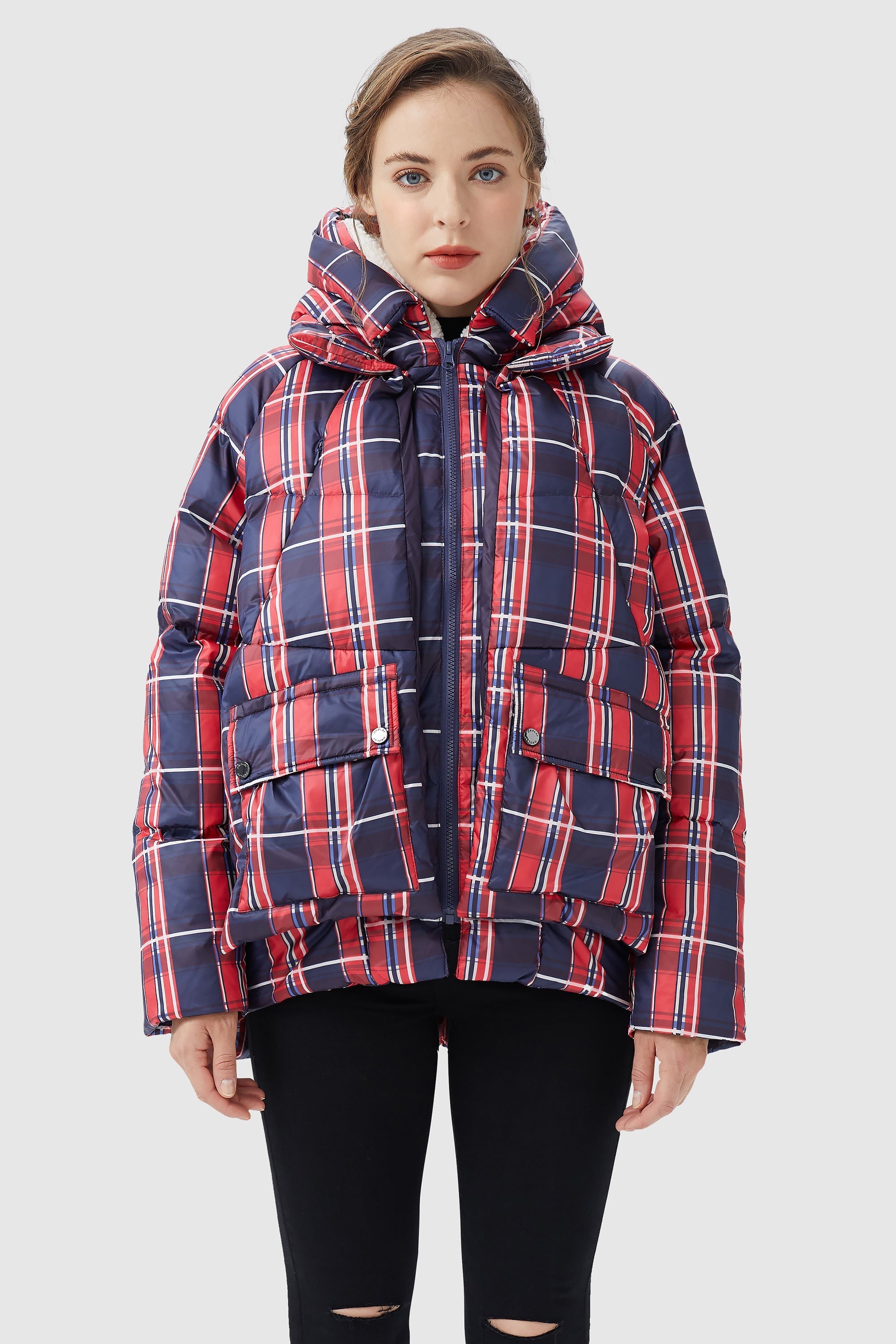 Multi-Pockets Plaid Puffer Jacket