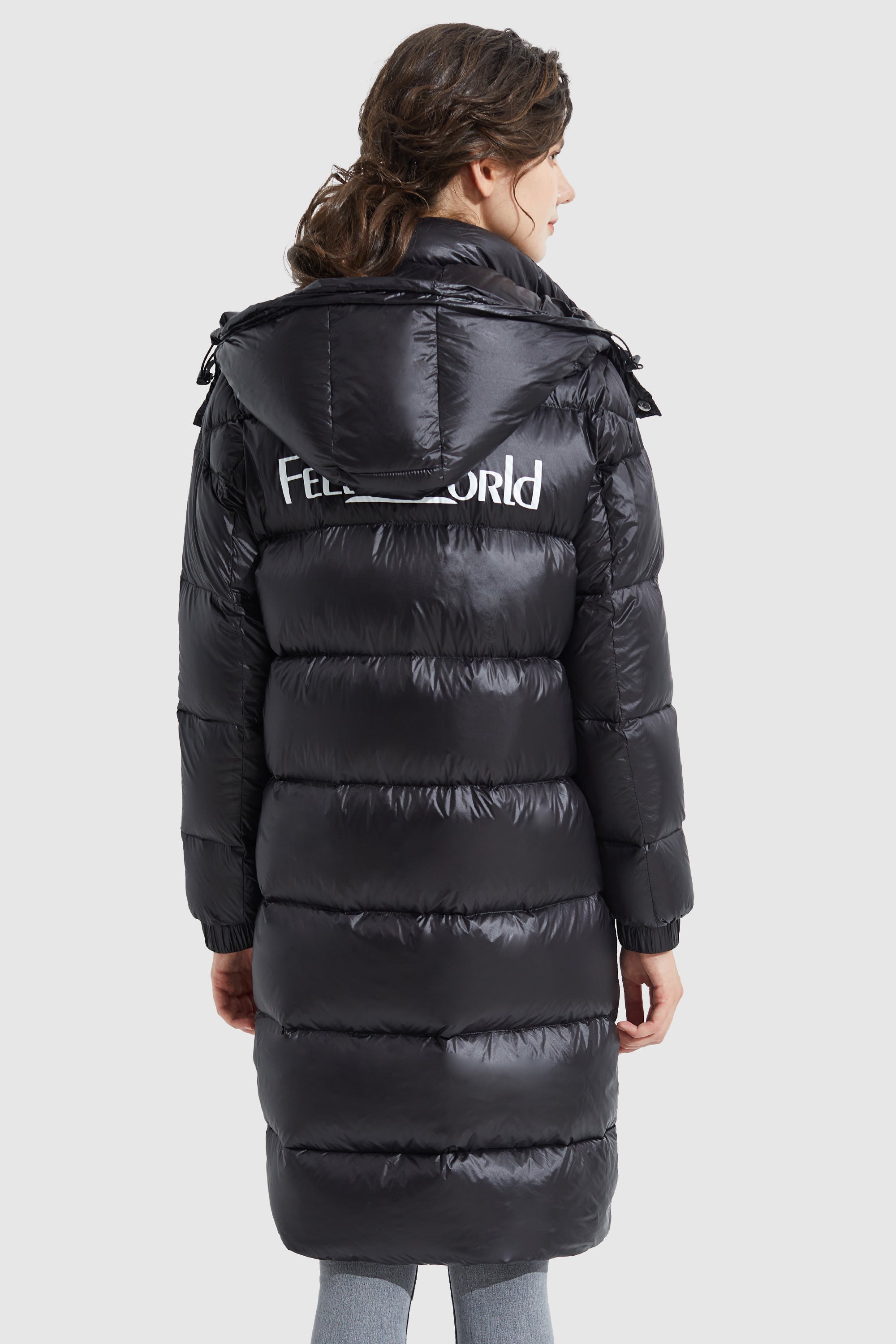 Shiny Black Long Hooded Down Coat