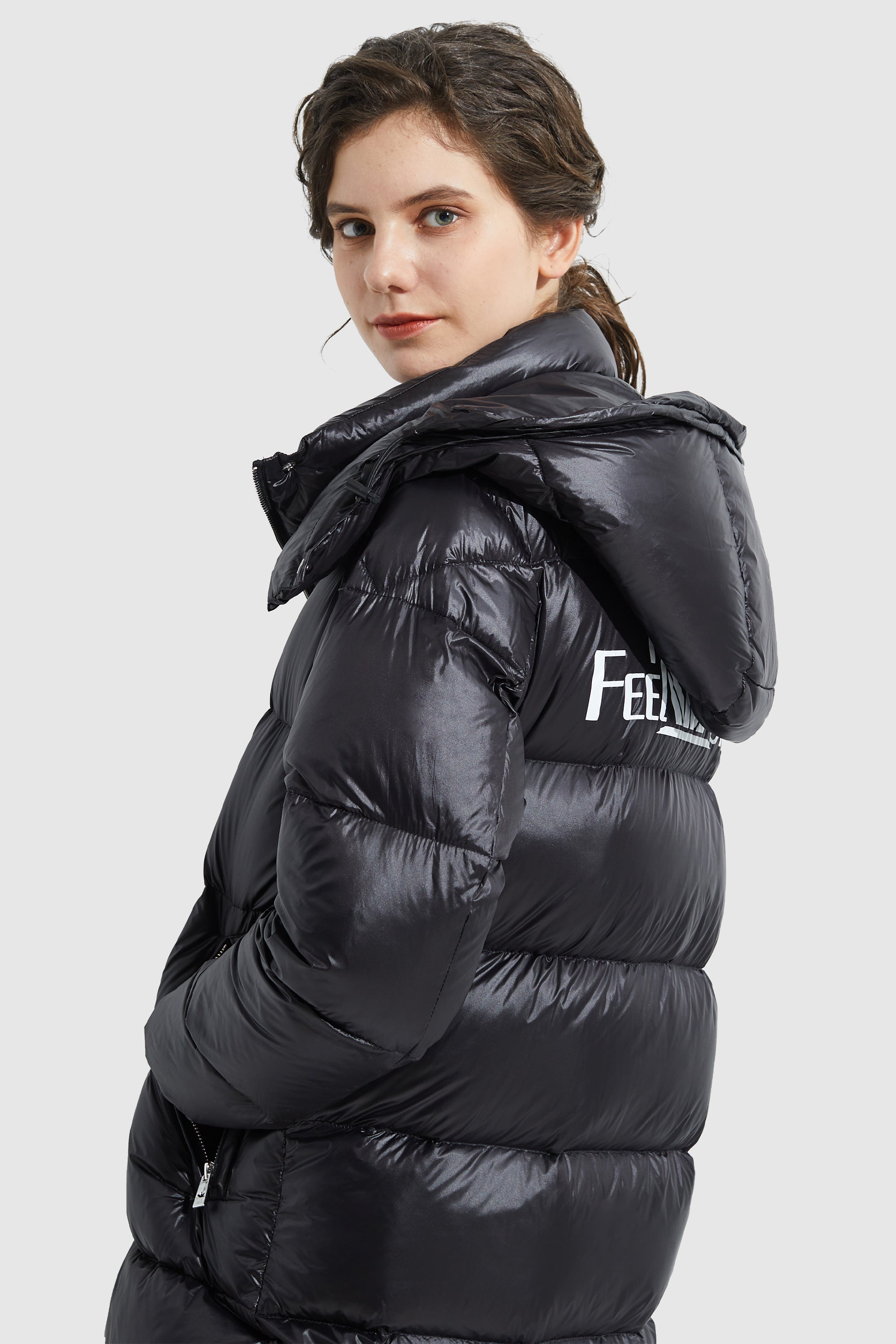 Shiny Black Long Hooded Down Coat