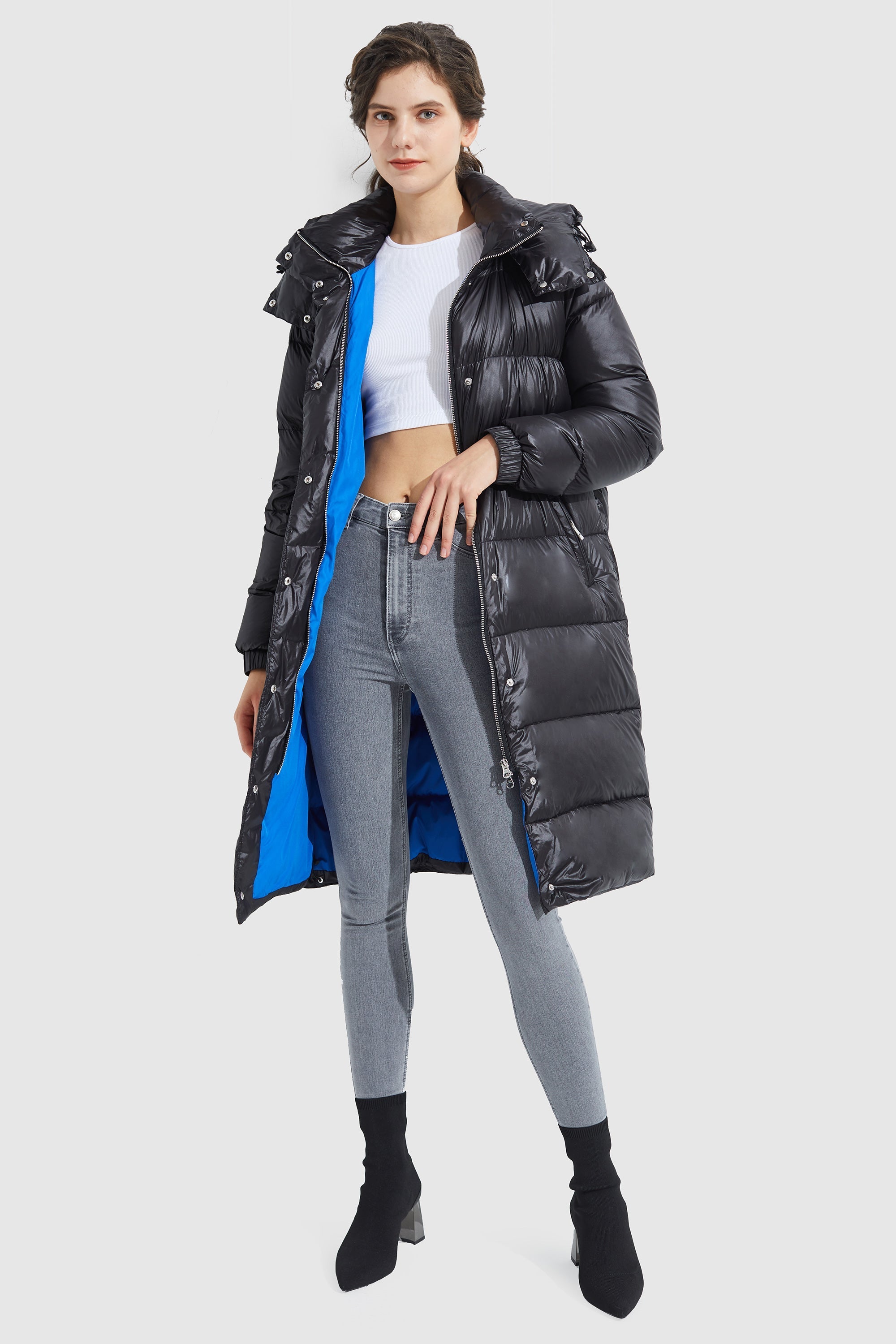 Shiny Black Long Hooded Down Coat