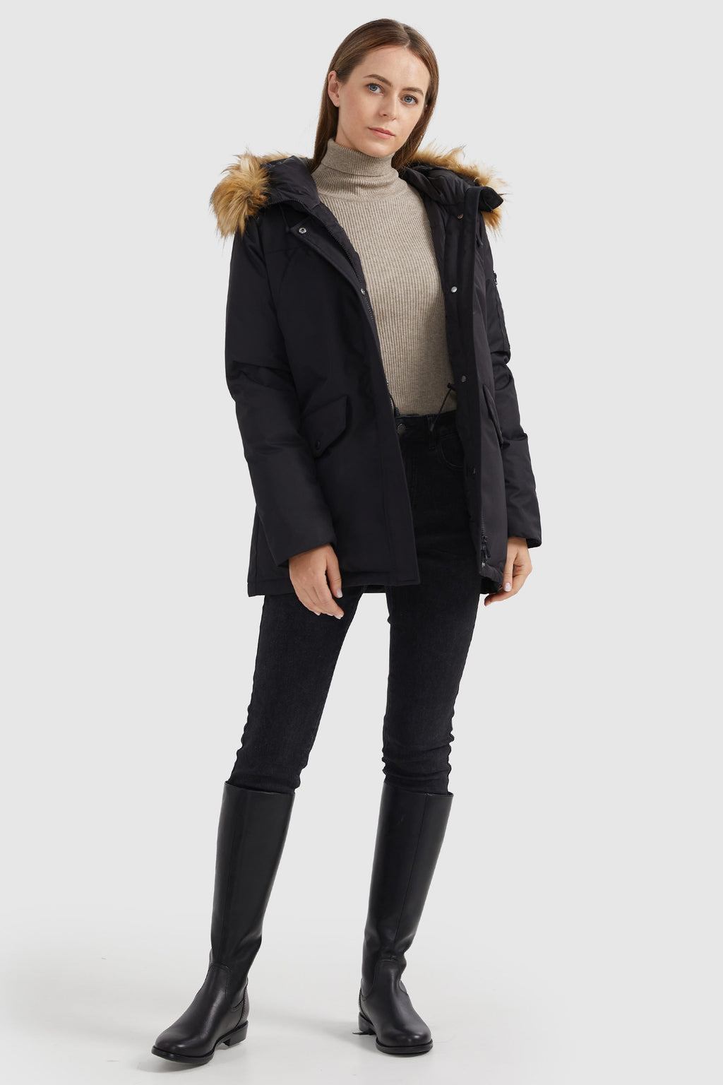 Thickened Parka Down Coat with Faux Fur Trim Hood