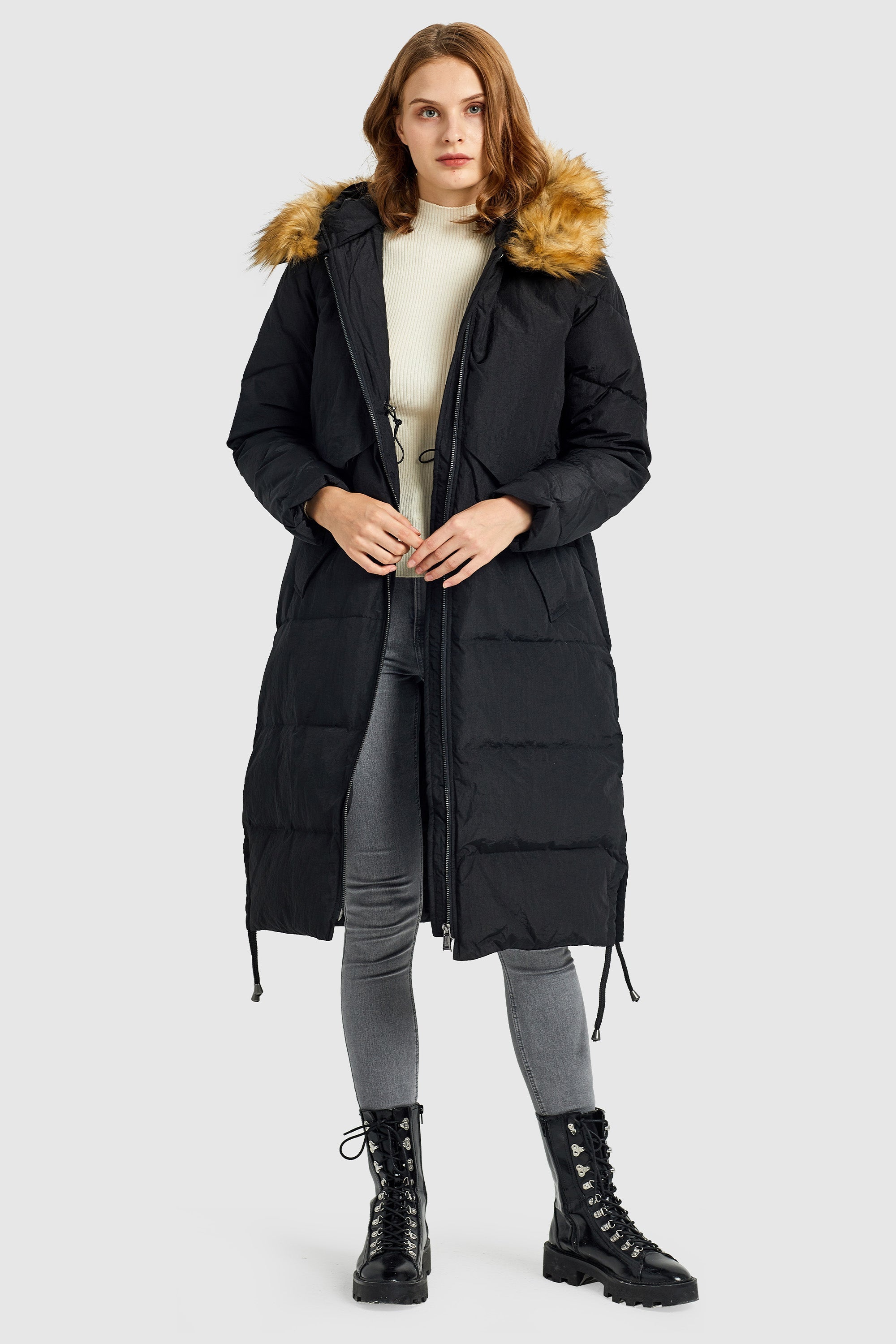 Winter Drawstring Down Coat Removable Faux Fur