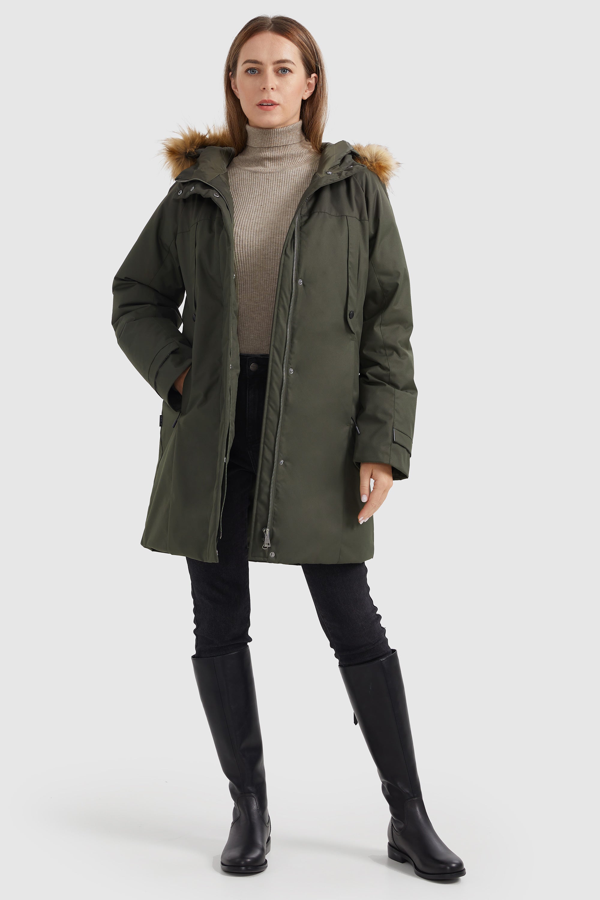 Zip up Snap button Hooded Parka Down Coat